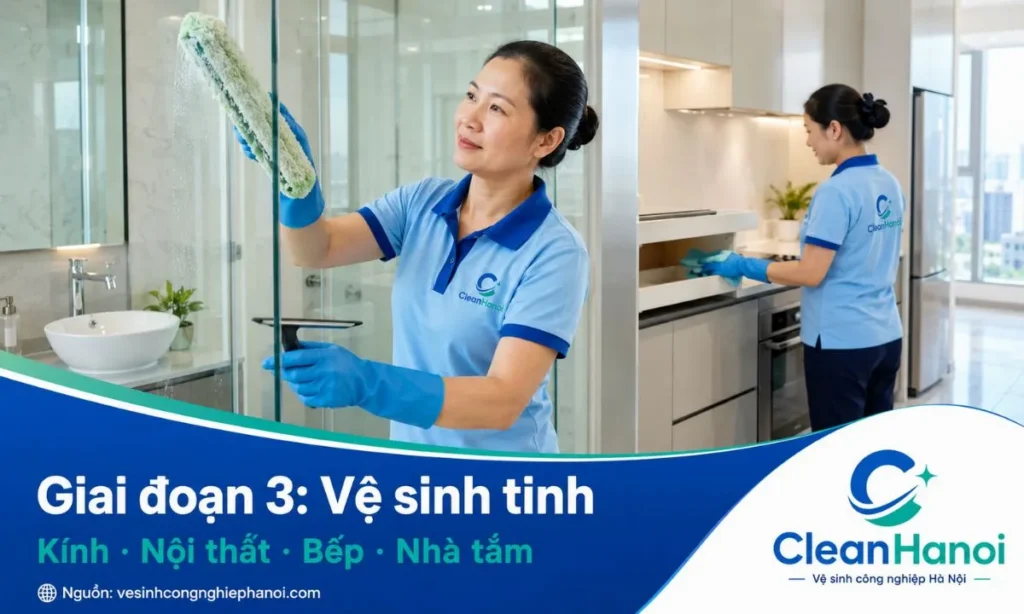 Hình ảnh minh họa giai đoạn vệ sinh tinh trong quy trình vệ sinh công nghiệp, xử lý kính, khung nhôm, nội thất, hộc tủ, bếp, nhà tắm, lavabo, thiết bị inox và các chi tiết bàn giao.