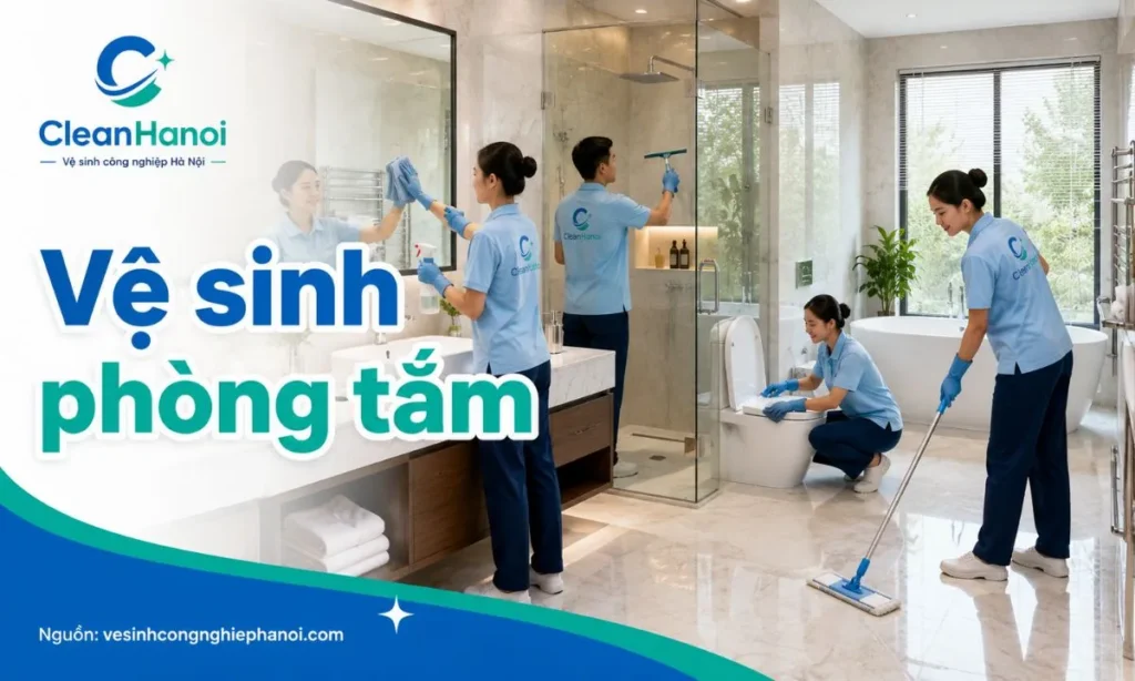 Ảnh thể hiện nhân viên vệ sinh toilet, phòng tắm biệt thự, làm sạch lavabo, gương, vách kính, phụ kiện inox và sàn khu vực ẩm ướt.