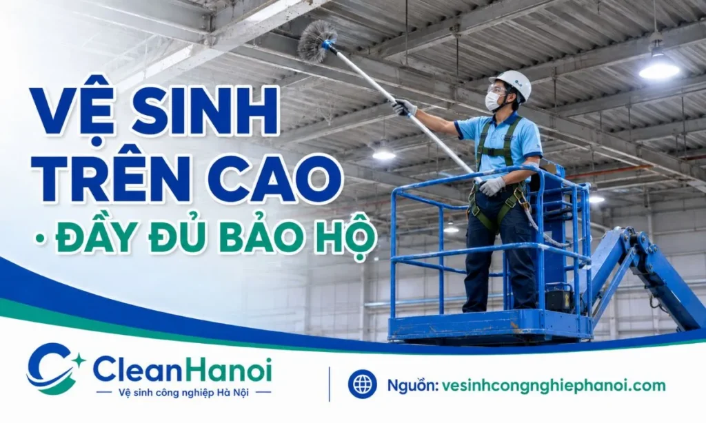 Nhân viên dùng xe nâng người để quét dọn mạng nhện bụi bẩn trần nhà xưởng