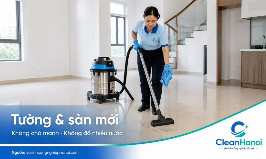 Hình ảnh minh họa lỗi lau tường mới và sàn sau xây dựng sai cách như lau ướt ngay khi còn bụi mịn, chà mạnh, dùng giấy nhám, búi sắt hoặc đổ nhiều nước lên sàn gỗ, sàn nhựa.