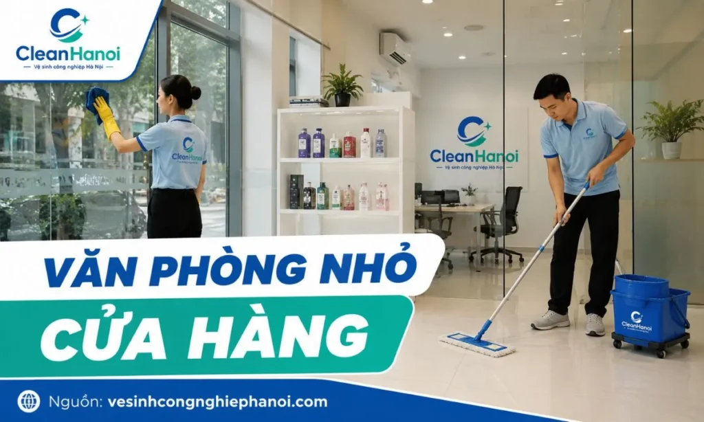 Hình ảnh vệ sinh văn phòng nhỏ, cửa hàng, showroom tại Đống Đa với các hạng mục lau sàn, lau kính, vệ sinh bàn ghế và khu tiếp khách.
