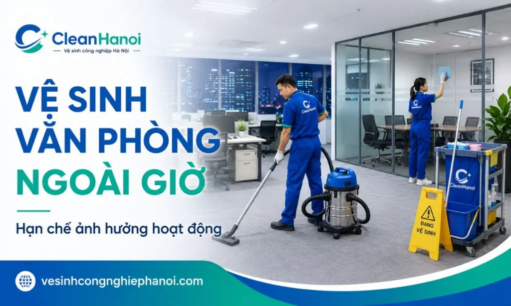 Nhân viên CleanHanoi vệ sinh văn phòng vào buổi tối sau giờ làm việc