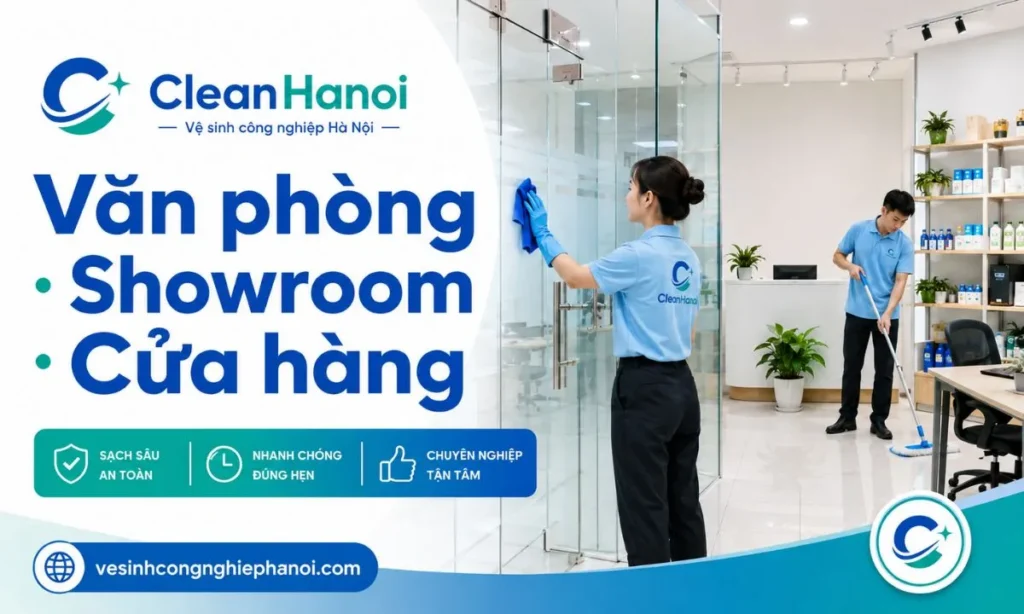 Hình ảnh CleanHanoi vệ sinh văn phòng, showroom, cửa hàng và mặt bằng kinh doanh tại Thanh Xuân với các hạng mục lau sàn, lau kính, vệ sinh bàn ghế và khu tiếp khách.