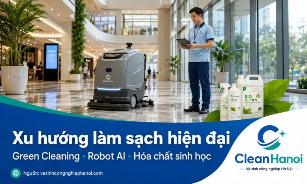 Hình ảnh minh họa xu hướng vệ sinh xanh trong ngành làm sạch hiện đại với hóa chất sinh học, thiết bị tiết kiệm nước, robot AI, máy chà sàn tự động và tiêu chuẩn phát triển bền vững.