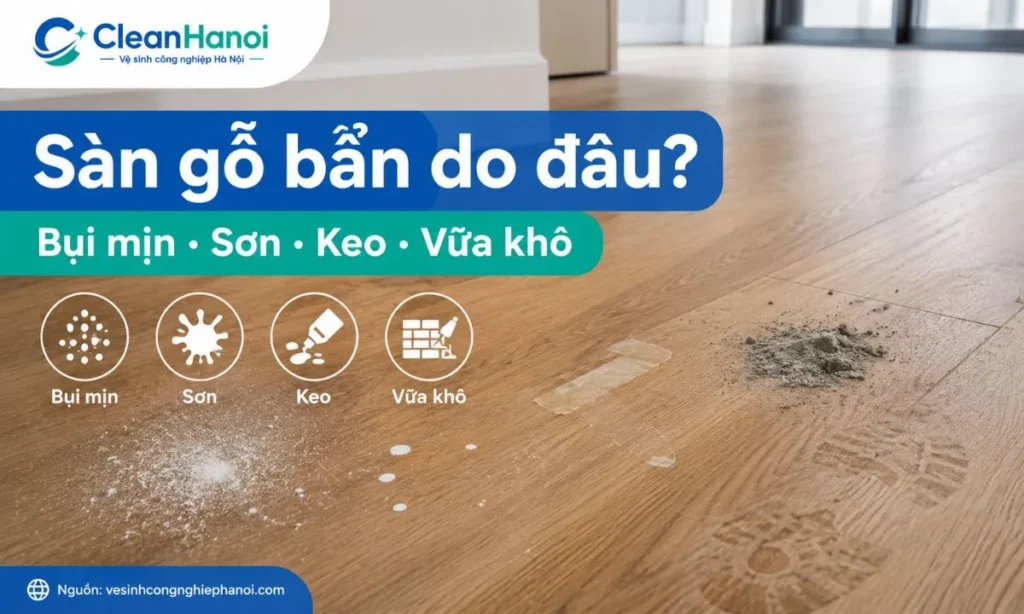 Sàn gỗ công nghiệp sau xây dựng dính bụi mịn vết sơn keo vữa khô và dấu giày