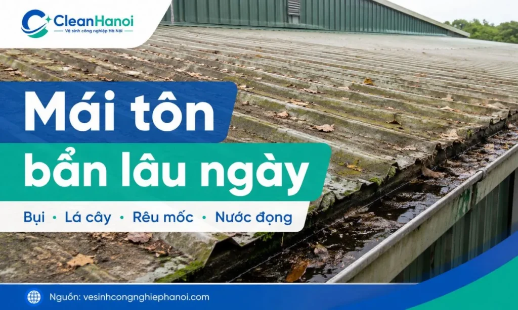 Hình ảnh minh họa mái tôn nhà xưởng sau thời gian sử dụng bị bám bụi công nghiệp, lá cây, rêu mốc, bùn đất và rác nhẹ, ảnh hưởng đến thoát nước và bảo trì mái.