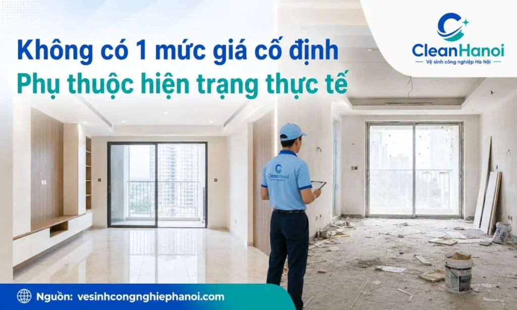 Hình ảnh minh họa hai khu vực công trình sau xây dựng với mức độ bẩn khác nhau, cho thấy báo giá vệ sinh sau xây dựng cần dựa trên hiện trạng thực tế thay vì chỉ theo mét vuông.
