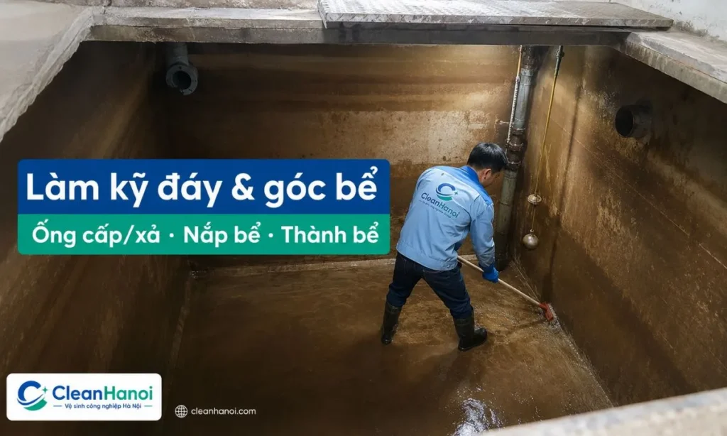 Khi thau rửa bể nước ngầm cần làm kỹ đáy bể, góc bể, thành bể, khu vực ống cấp xả, phao nước, miệng bể, nắp bể và bậc lên xuống nếu có.