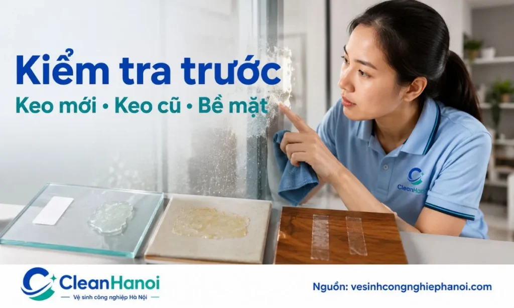 Xác định keo mới, keo cũ và bề mặt kính, nhựa, gỗ trước khi tẩy