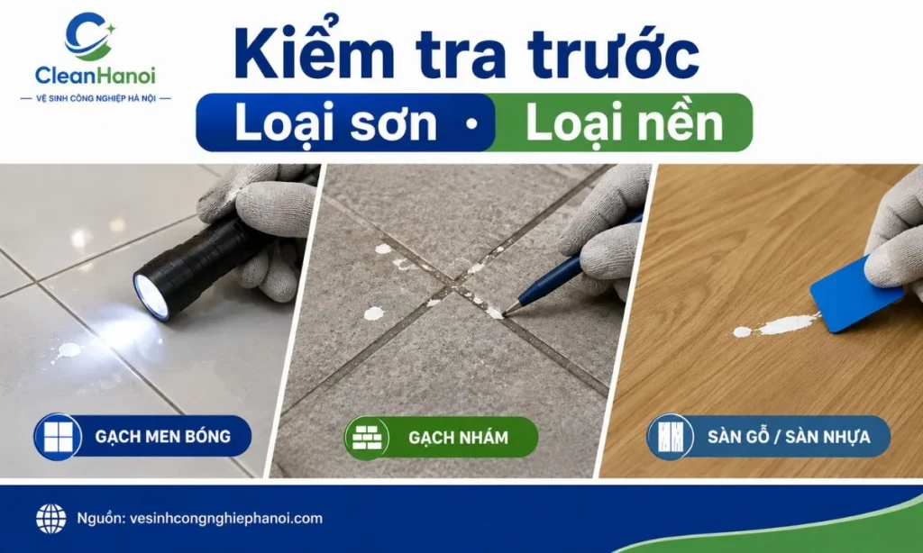 Xác định sơn nước, sơn khô, sơn PU và nền gạch men, gạch nhám, đá, gỗ, nhựa trước khi tẩy