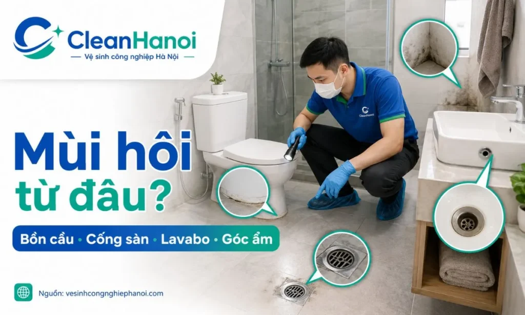 Kiểm tra nguồn mùi hôi từ bồn cầu, phễu thoát sàn, lavabo và góc khuất nhà vệ sinh