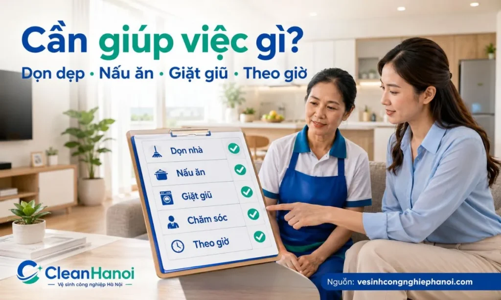 Hình ảnh minh họa bước xác định nhu cầu trước khi tìm người giúp việc, gồm giúp việc cố định, giúp việc theo giờ, dọn dẹp, nấu ăn, giặt giũ, chăm trẻ, chăm người già và diện tích nhà cần làm.
