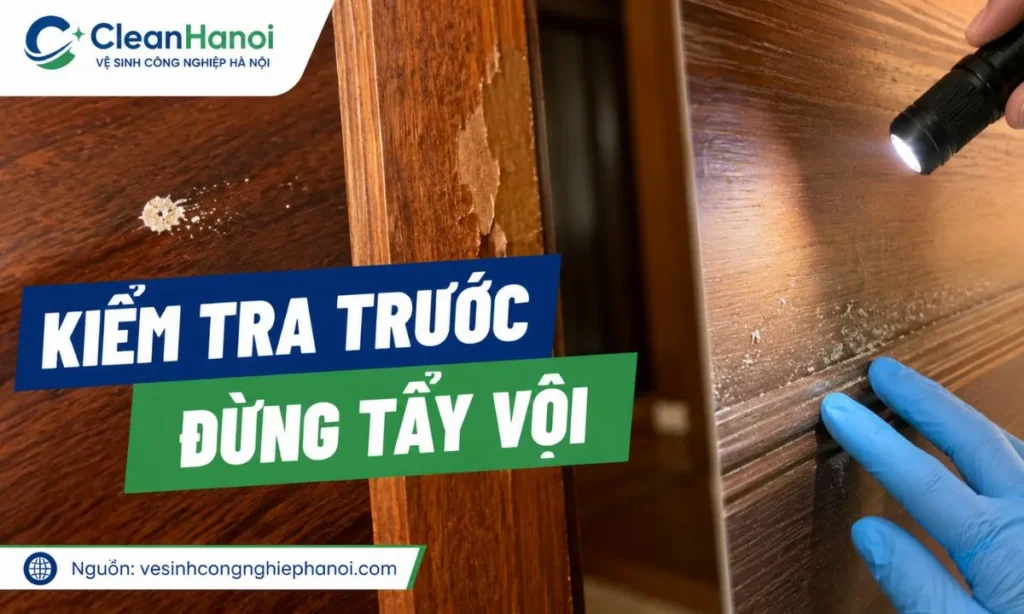 Xác định vết sơn mới, lớp PU cũ bong tróc và bề mặt gỗ bẩn sau xây dựng
