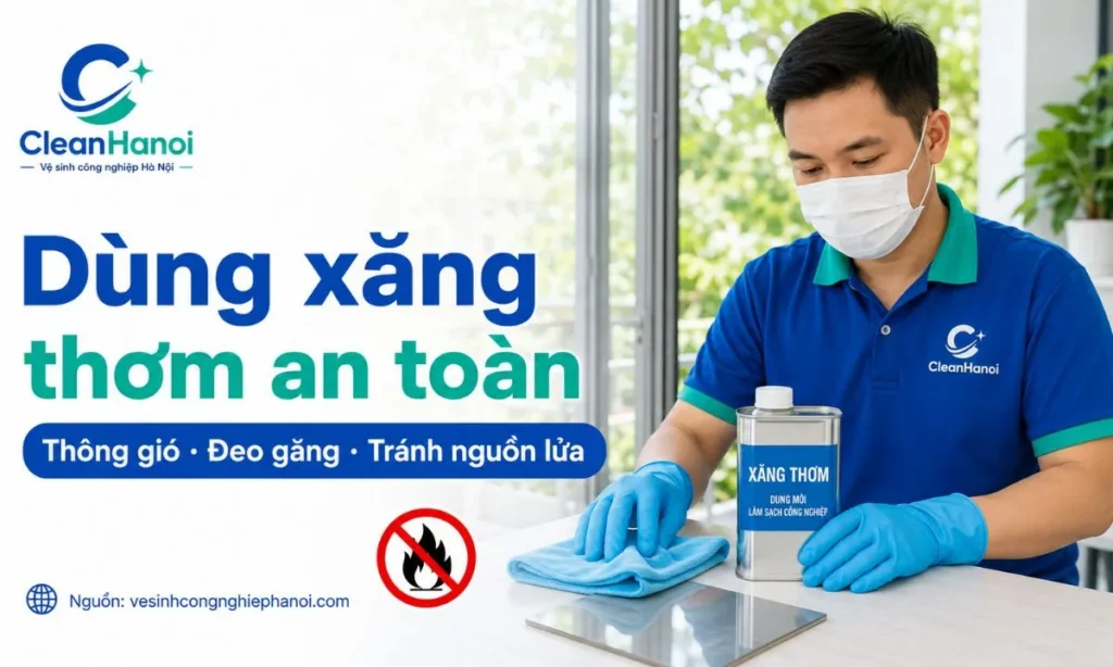 Hình ảnh cảnh báo an toàn khi sử dụng xăng thơm: cần làm việc nơi thông thoáng, đeo găng tay, tránh hít hơi dung môi, tránh nguồn lửa và không dùng trong phòng kín.