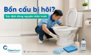 Hướng dẫn xử lý bồn cầu bị hôi bằng cách xác định nguồn mùi từ lòng bồn, dưới vành bồn, chân bồn cầu, gioăng tiếp giáp sàn, cổ ngỗng hoặc hệ thống thoát khí trước khi dùng hóa chất.