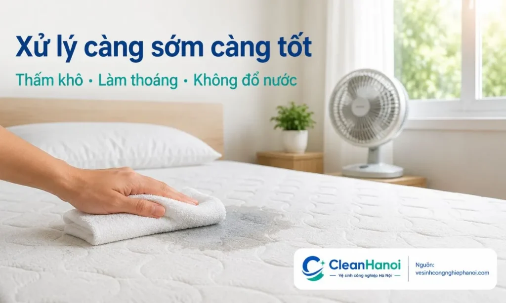 Khi đệm mới bị nước tiểu, nên thấm khô bằng khăn sạch, mở cửa thông gió, bật quạt hoặc điều hòa để giảm ẩm, tránh đổ thêm nước hoặc xịt hóa chất mạnh.