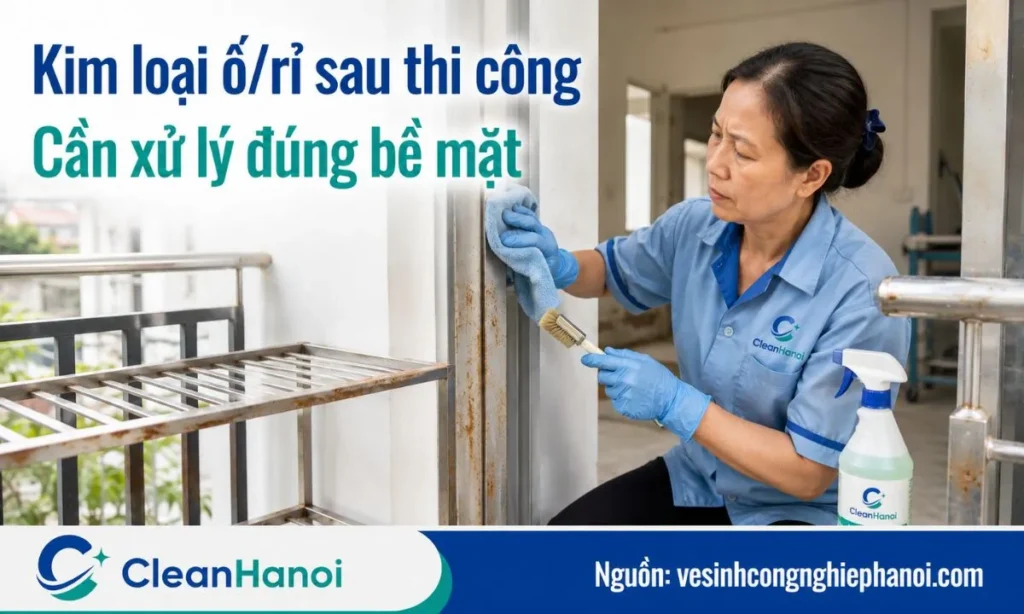 Nhân viên CleanHanoi kiểm tra bề mặt kim loại bị ố rỉ sau xây dựng và sửa chữa