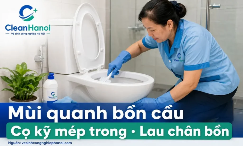 Vệ sinh mép trong, chân bồn cầu và khu vực phía sau để xử lý mùi hôi