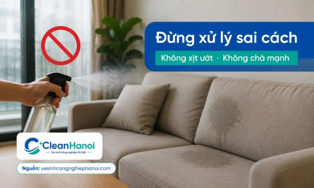 Xịt nước thơm, nước giặt, dùng khăn quá ướt, chà mạnh hoặc làm ướt toàn bộ sofa có thể khiến ghế lâu khô, loang màu, xù vải và mùi ẩm nặng hơn.