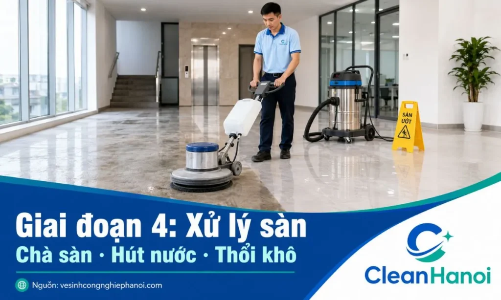 Hình ảnh minh họa công đoạn xử lý sàn trong quy trình vệ sinh công nghiệp bằng máy chà sàn, pad đúng loại, máy hút nước công nghiệp và máy thổi khô để hoàn thiện bề mặt bàn giao.