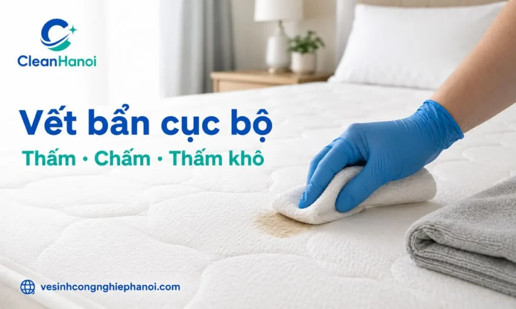 Hình ảnh minh họa cách xử lý vết bẩn cục bộ trên ruột đệm bông ép bằng khăn mềm vắt ráo, thao tác thấm – chấm – thấm để hạn chế làm đệm ướt sâu.