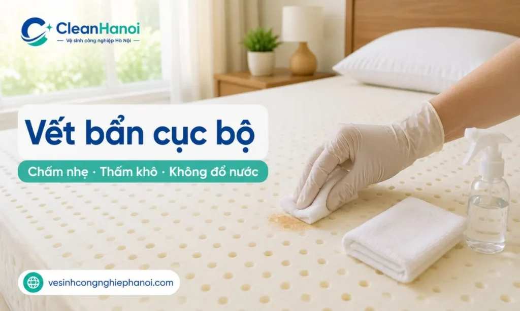 Xử lý vết bẩn cục bộ trên đệm cao su bằng khăn ẩm vắt ráo và dung dịch dịu nhẹ