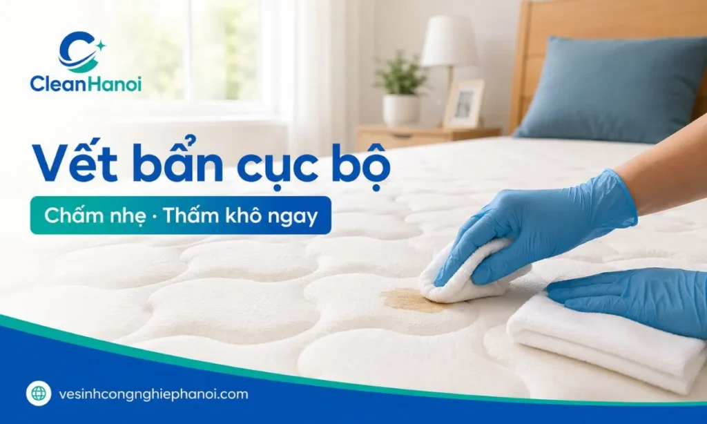 Xử lý vết bẩn cục bộ trên đệm lò xo bằng khăn mềm vắt ráo và thấm khô