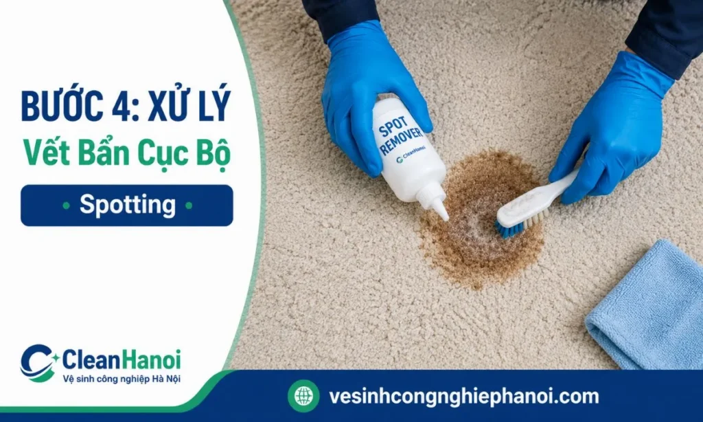Kỹ thuật viên CleanHanoi đang dùng kỹ thuật Spoting để loại bỏ vết cafe trên thảm phòng khách