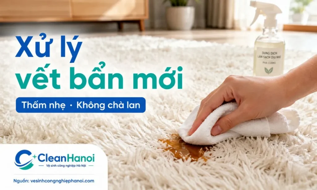 Khi thảm lông bị đổ cà phê, sữa, nước ngọt hoặc đồ ăn, nên dùng khăn sạch thấm nhẹ từ ngoài vào trong, không chà lan và không đổ nhiều nước giặt trực tiếp lên thảm.