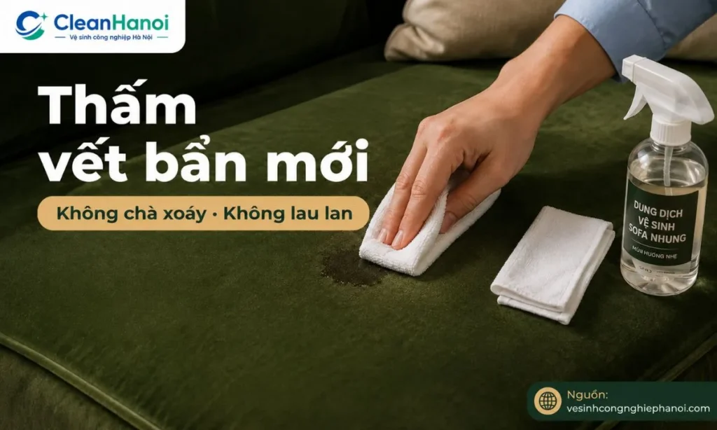 Khi sofa nhung bị vết nước, trà, cà phê hoặc nước ngọt mới đổ, nên dùng khăn khô thấm từ ngoài vào trong, dùng rất ít ẩm, lau theo chiều sợi và không chà xoáy để tránh loang nước và bết nhung.
