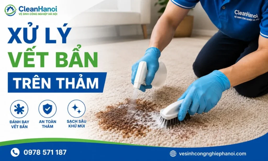 Xử lý vết bẩn trên thảm bằng máy và hóa chất chuyên dụng