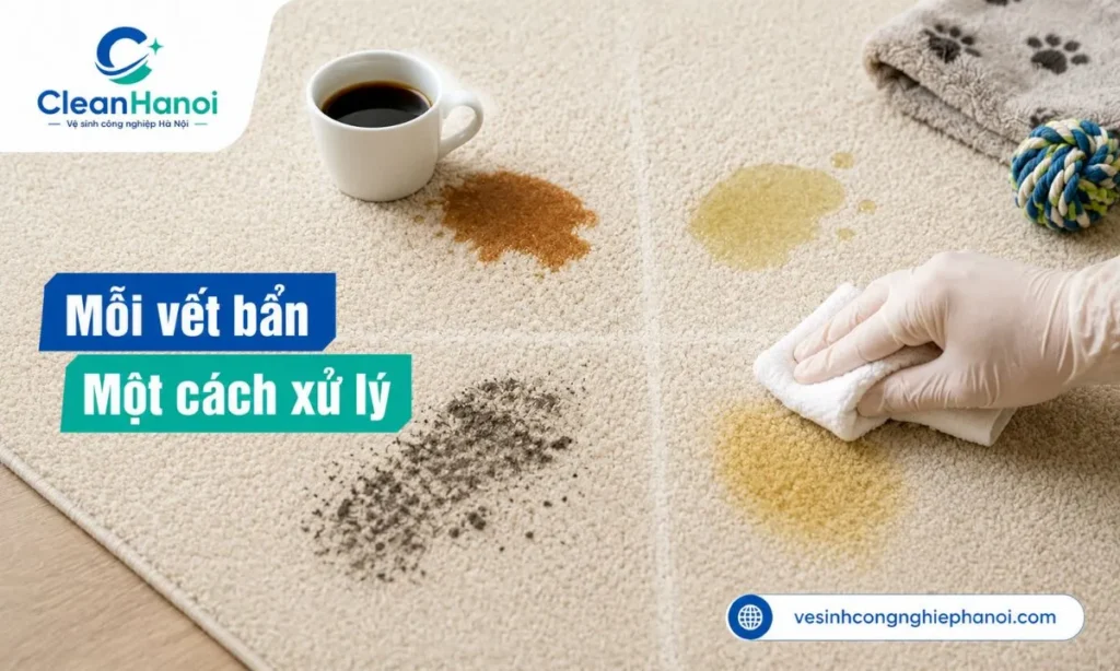 Xử lý vết cà phê, dầu mỡ, bụi bẩn và mùi thú cưng trên thảm bằng hóa chất phù hợp