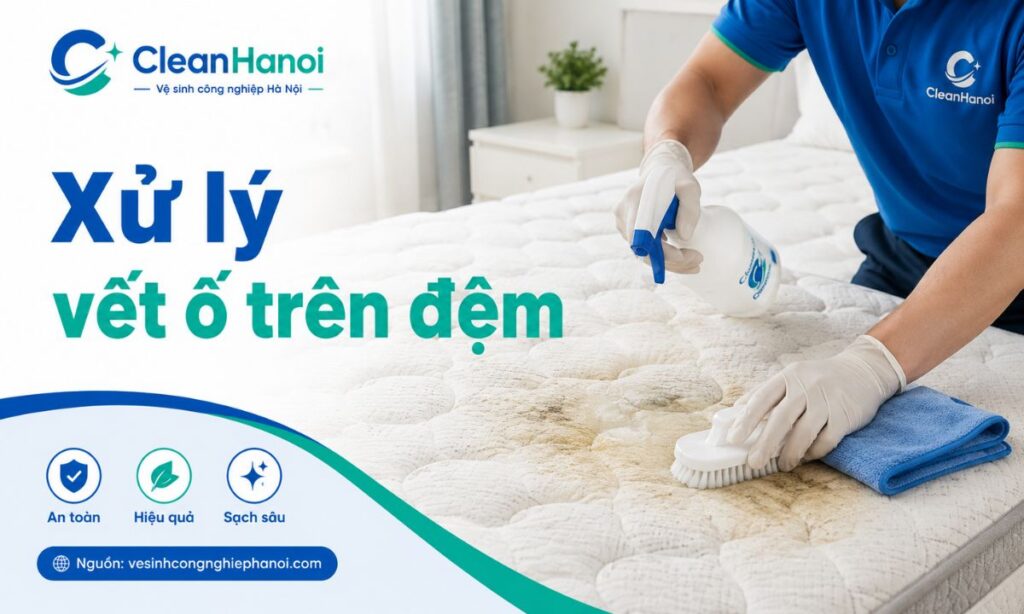 Ảnh minh họa quá trình xử lý vết ố, mùi hôi và vùng bẩn cục bộ trên đệm trước khi làm sạch bằng máy chuyên dụng.