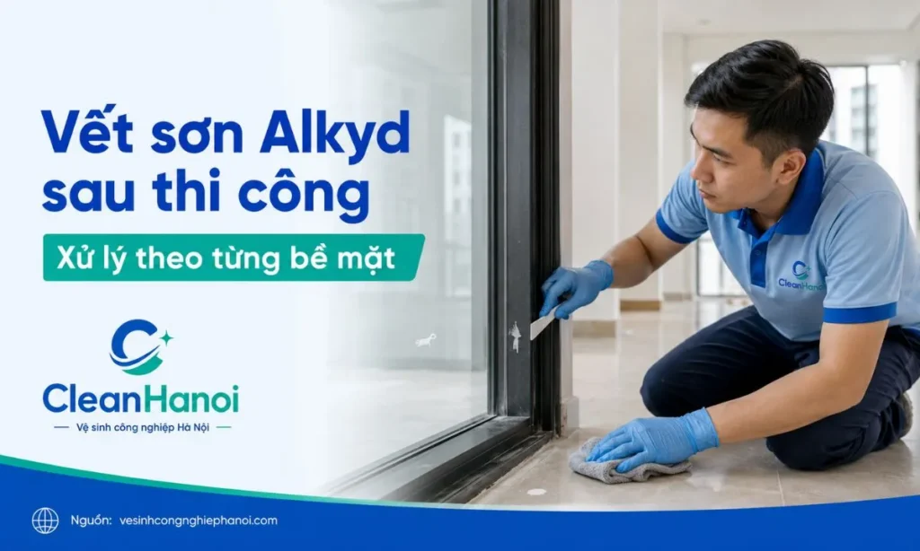 Hình ảnh minh họa cách xử lý vết sơn Alkyd sau thi công trên nhiều bề mặt như sàn gạch, kính, inox, sàn gỗ, sàn nhựa, khung cửa và thiết bị vệ sinh.