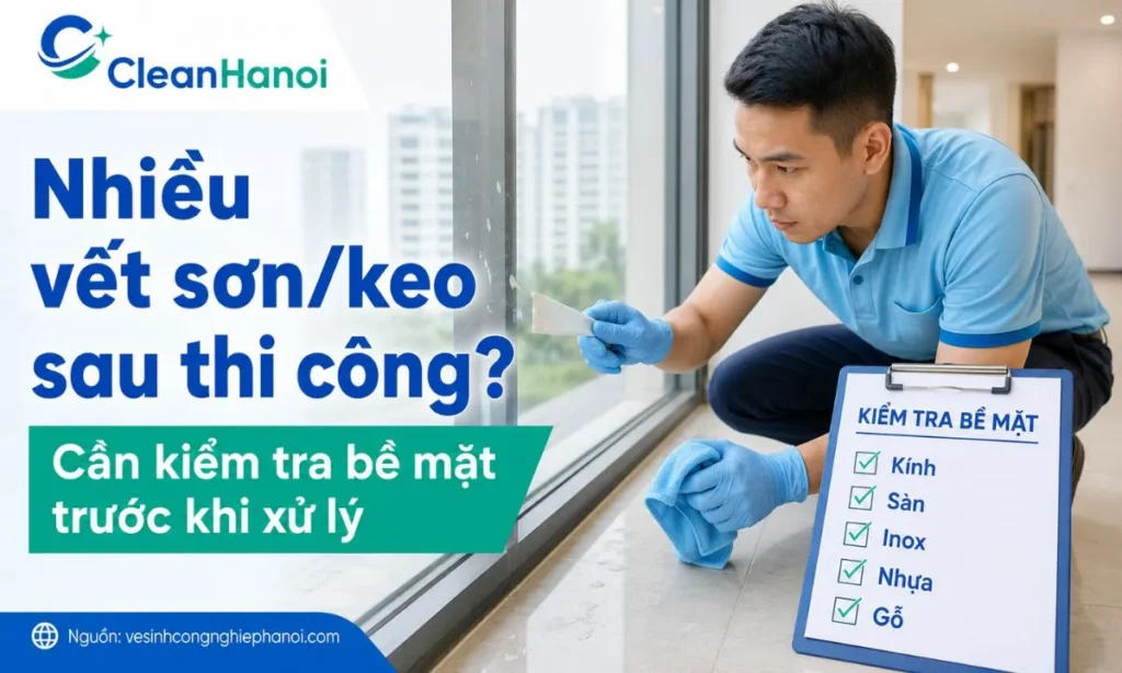 Hình ảnh minh họa kiểm tra và xử lý vết sơn, keo, băng dính, bụi xi măng sau thi công trên nhiều bề mặt như kính, sàn, khung cửa và thiết bị vệ sinh bằng phương án phù hợp.