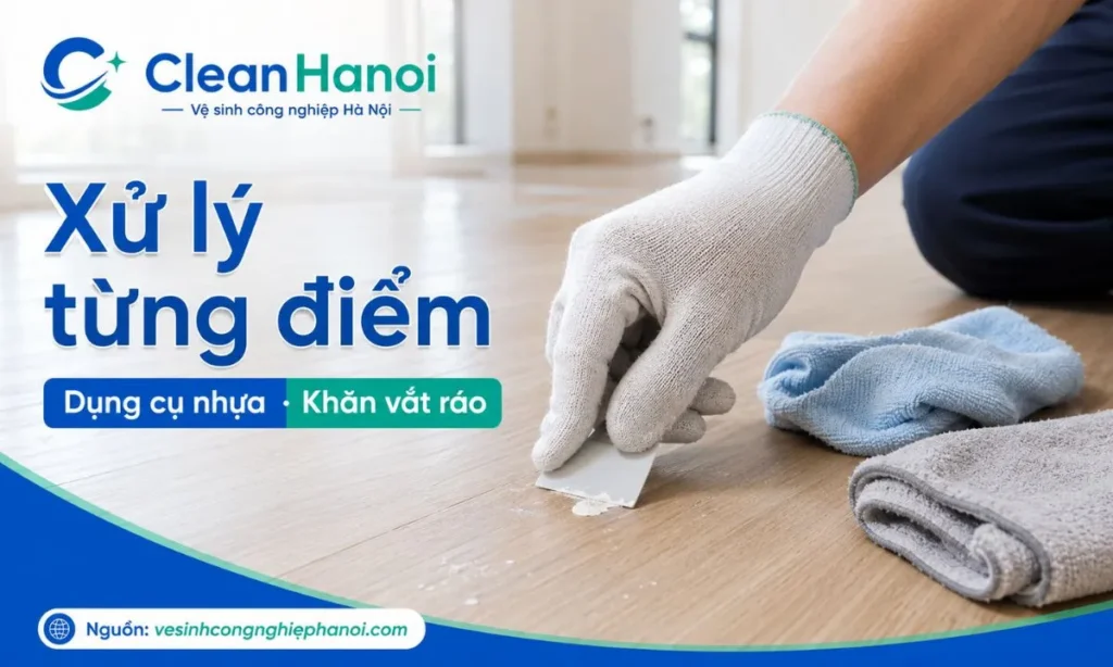 Hình ảnh minh họa cách xử lý vết sơn, keo, silicone hoặc vữa khô trên sàn gỗ công nghiệp bằng dụng cụ nhựa, khăn microfiber vắt ráo và thao tác cục bộ.