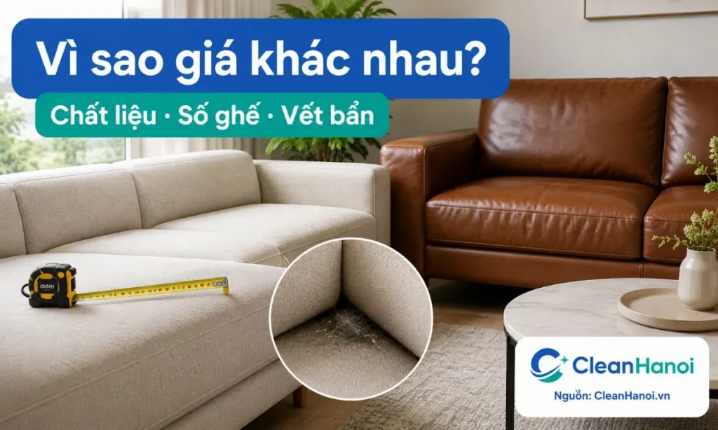 Giá giặt sofa tại nhà thay đổi theo chất liệu sofa, kích thước, số chỗ ngồi, kiểu sofa chữ L, sofa giường, mức độ bẩn, mùi, vết ố và điều kiện thi công.