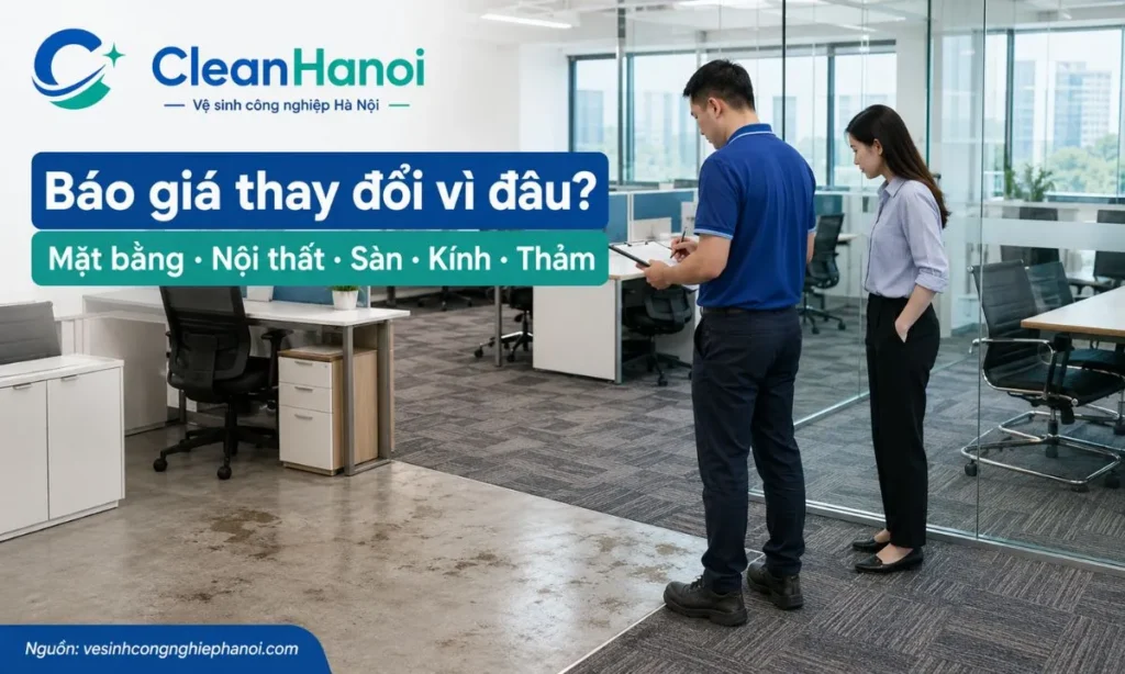 Các yếu tố làm thay đổi báo giá vệ sinh văn phòng gồm mặt bằng, nội thất, loại sàn, kính, thảm và thời gian thi công