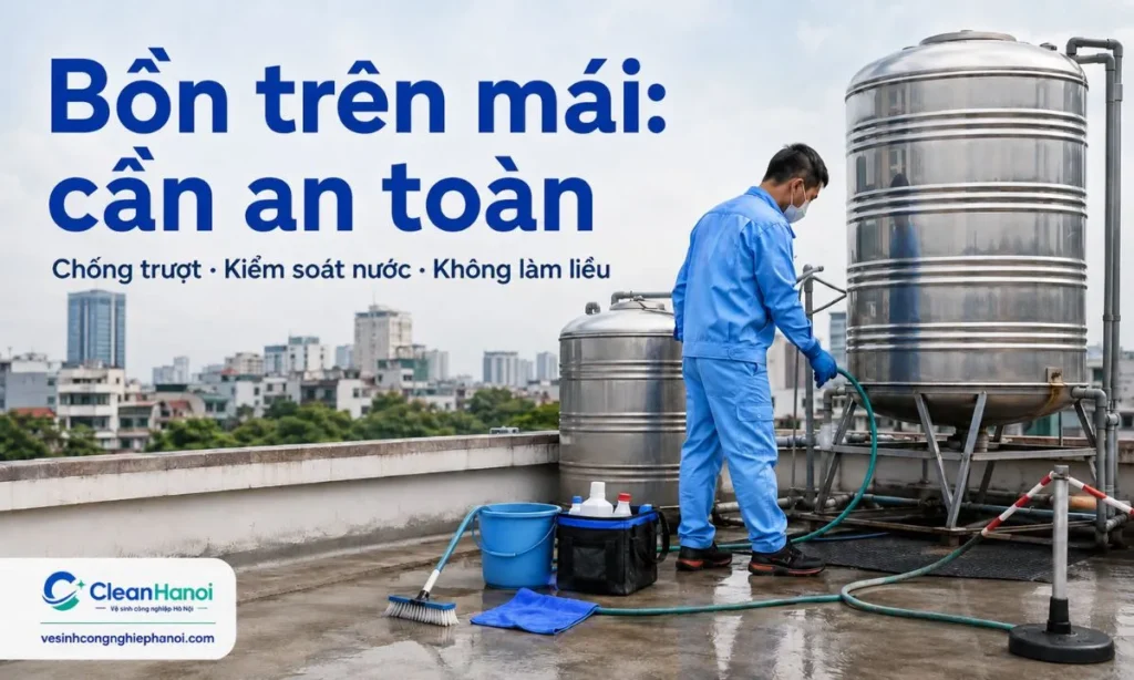 Với bồn nước đặt trên mái cao, sân thượng trơn, vị trí hẹp hoặc bồn dung tích lớn, nên ưu tiên an toàn khi vệ sinh, dùng giày chống trượt, găng tay, kiểm soát nước xả và không tự làm nếu thiếu dụng cụ hoặc kinh nghiệm.