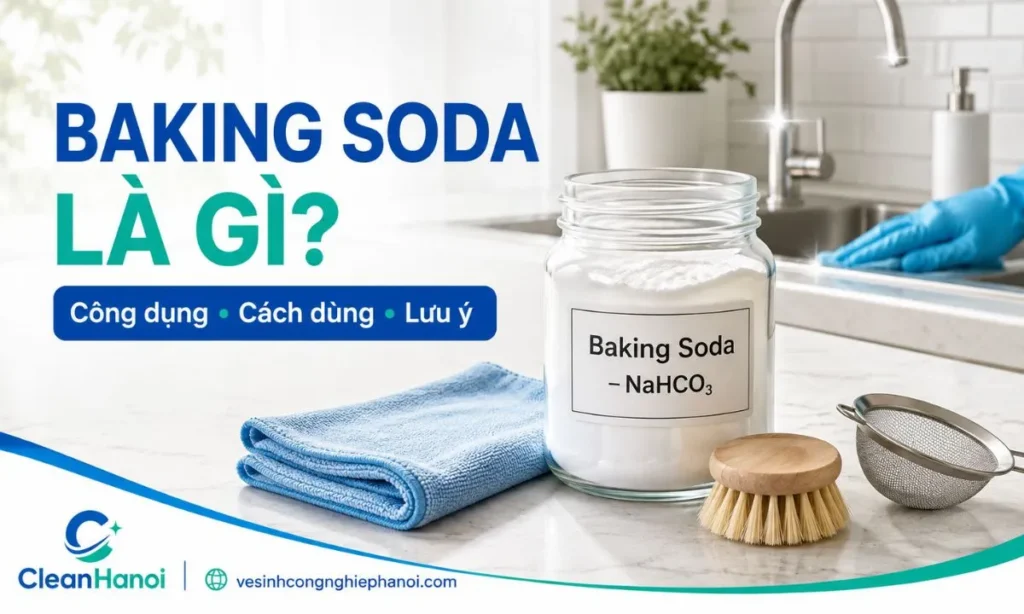 Hộp baking soda, khăn và dụng cụ dùng để vệ sinh nhà cửa