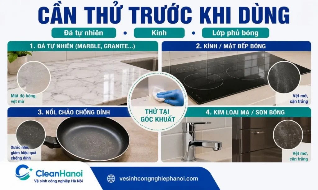 Đá tự nhiên, kính, lớp chống dính và bề mặt bóng cần thận trọng với baking soda