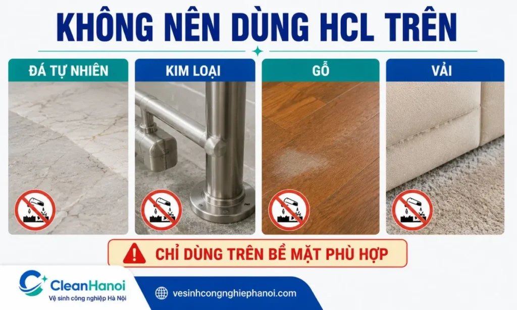 Đá tự nhiên, kim loại, gỗ và vật liệu vải không nên tự ý dùng HCl
