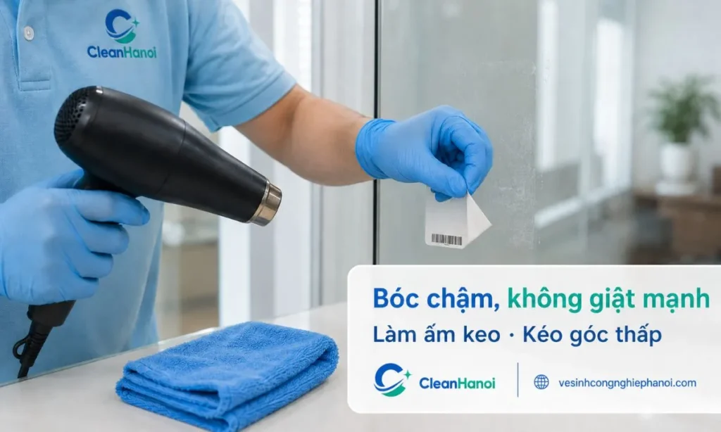 Khi bóc decal, tem nhãn hoặc sticker, nên làm ấm lớp keo bằng máy sấy mức vừa hoặc khăn ấm, bóc từ mép nhỏ, kéo chậm theo góc thấp và lau cặn keo ngay sau khi bóc.