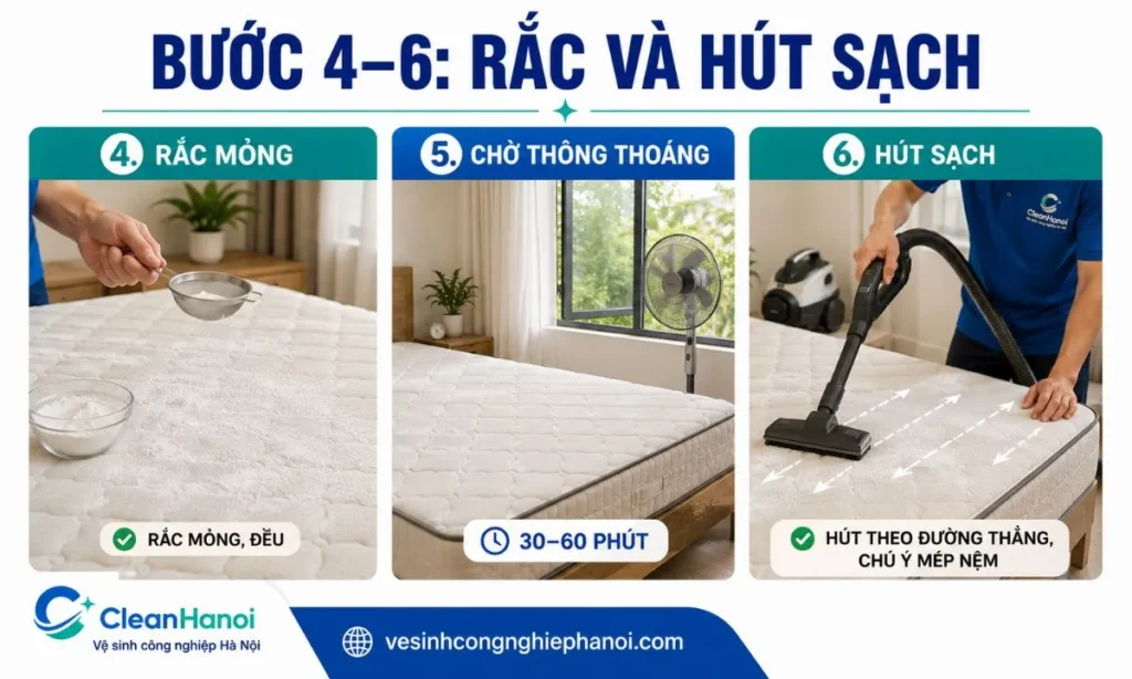 ba bước cuối khi vệ sinh nệm bằng baking soda: rắc bột mỏng, chờ trong điều kiện thông thoáng và hút sạch bột.