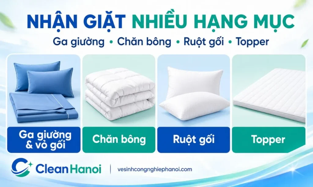 các hạng mục CleanHanoi tiếp nhận gồm ga giường, vỏ chăn, ruột gối, chăn bông và topper phù hợp.