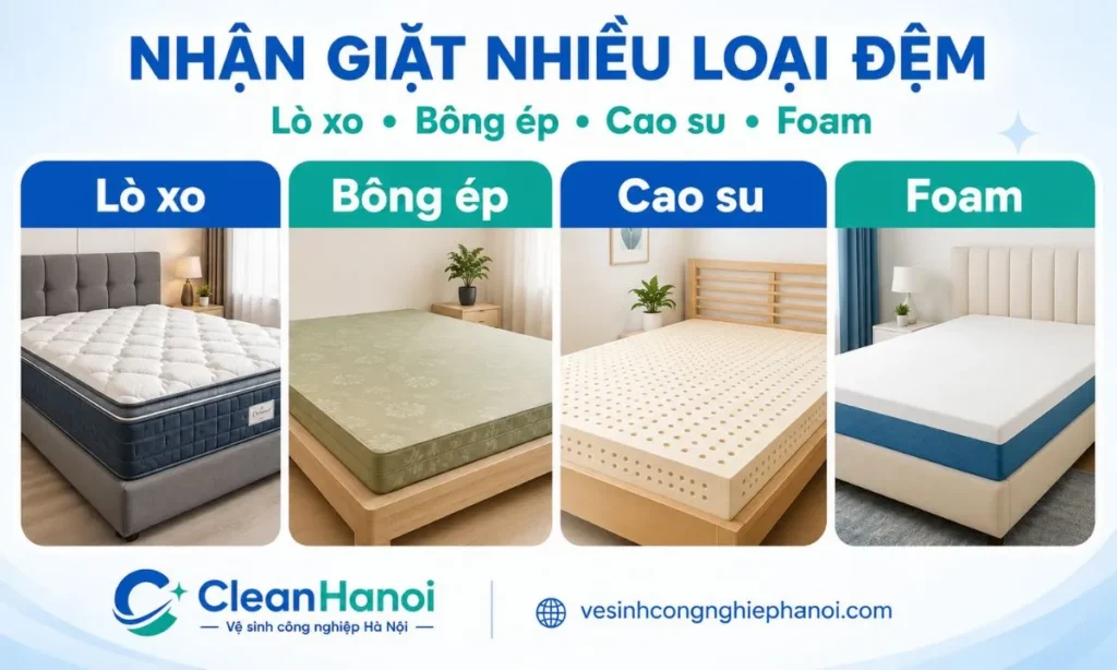 các loại đệm CleanHanoi nhận vệ sinh tại Long Biên, gồm đệm lò xo, bông ép, cao su và foam.
