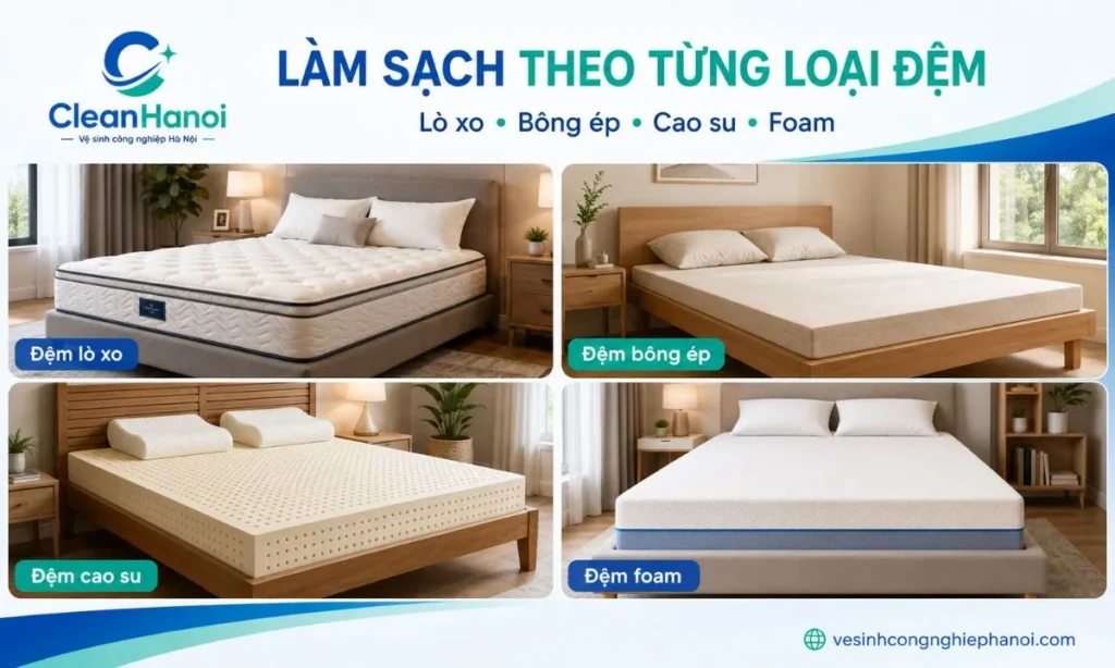 bốn loại đệm phổ biến được tiếp nhận vệ sinh tại Tây Hồ, gồm đệm lò xo, bông ép, cao su và foam.