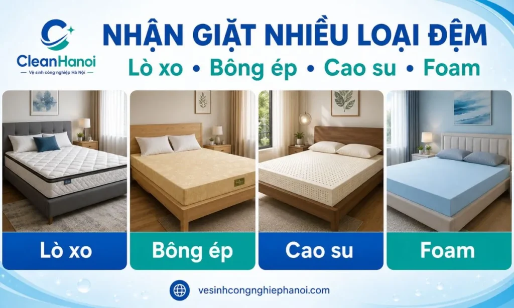 các loại đệm phổ biến CleanHanoi nhận vệ sinh tại Hoài Đức, gồm đệm lò xo, bông ép, cao su và foam.