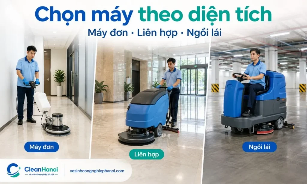 Các loại máy chà sàn phổ biến gồm máy chà sàn đơn linh hoạt cho khu vực vừa nhỏ, máy chà sàn liên hợp vừa chà vừa hút nước, máy ngồi lái cho mặt bằng rất lớn và máy chà sàn gia đình cho nhu cầu nhẹ.