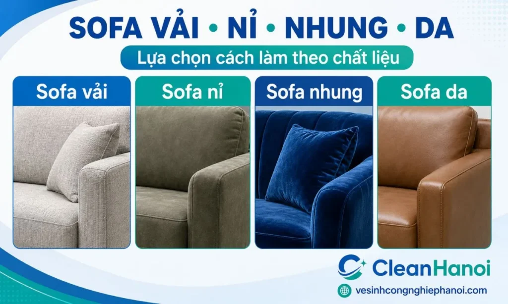 CleanHanoi nhận vệ sinh sofa vải, sofa nỉ, sofa nhung và sofa da
